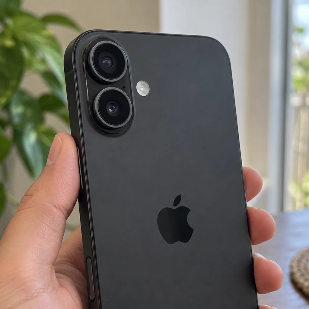 As duas câmeras traseiras do iPhone 16 preto, com o aparelho seguro por uma mão