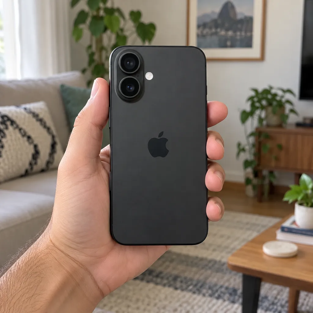 iPhone 16 preto seguro por uma mão, visto por trás