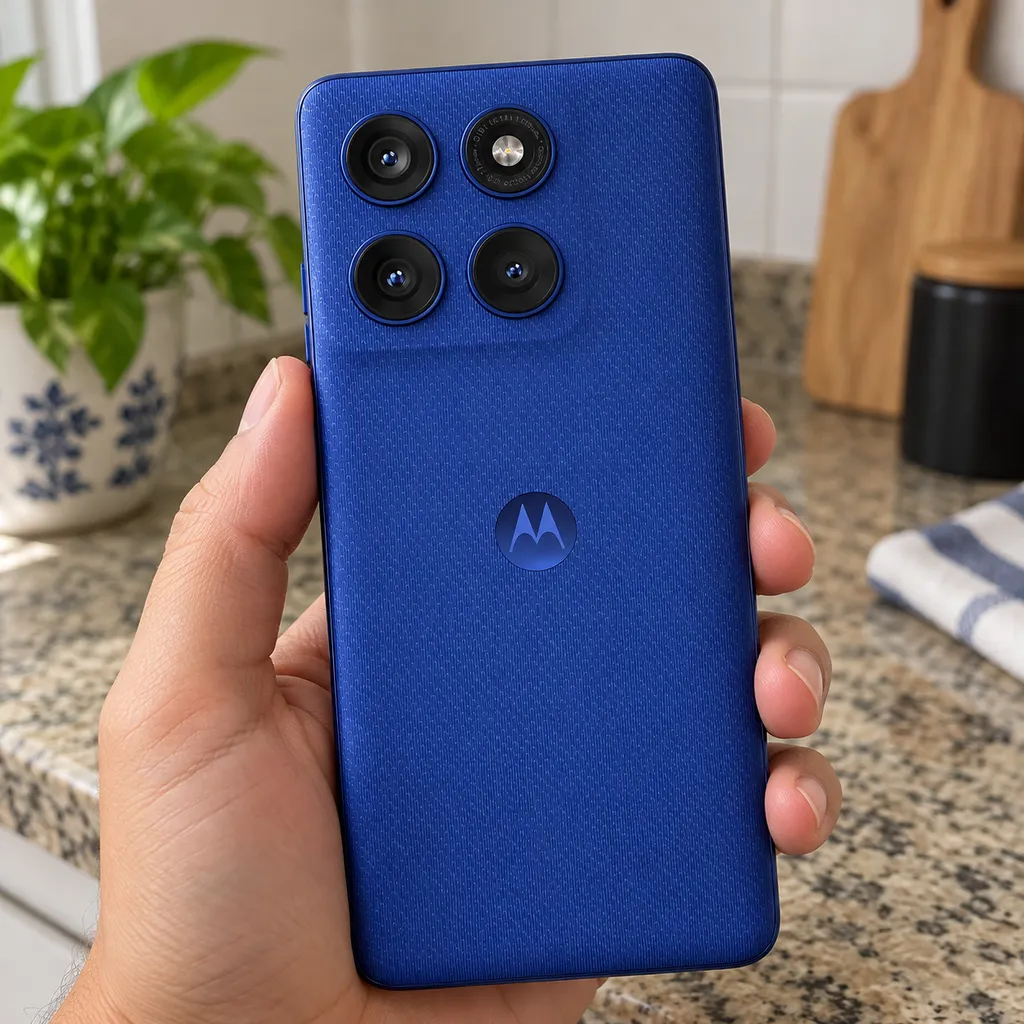 Módulo de câmeras do Motorola Edge 60 Pro azul, com o aparelho seguro por uma mão