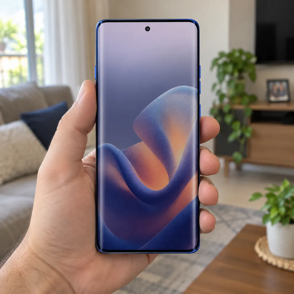 Motorola Edge 60 Pro seguro por uma mão, com a tela de bordas curvas para a frente