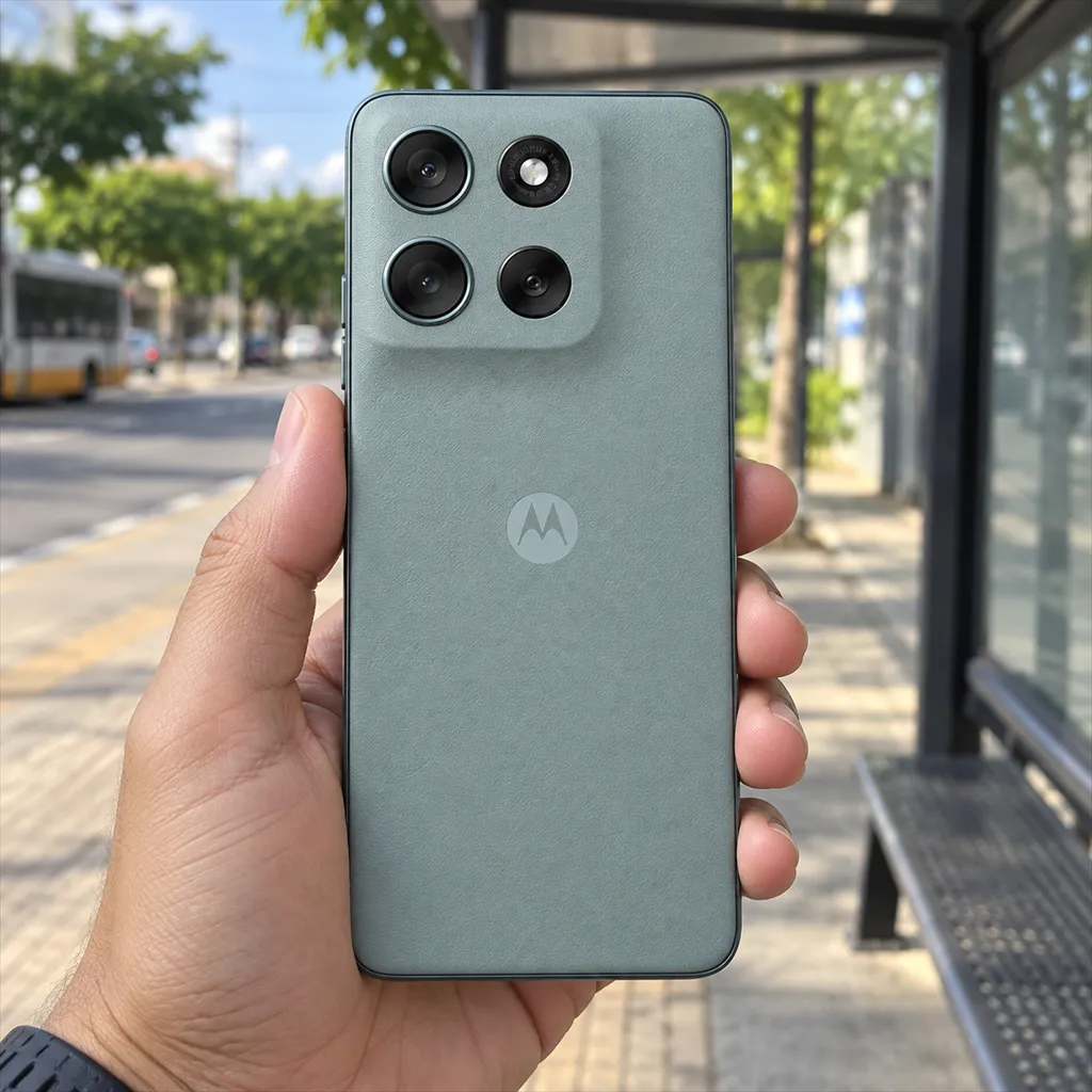 Moto G56 5G seguro por uma mão, visto por trás