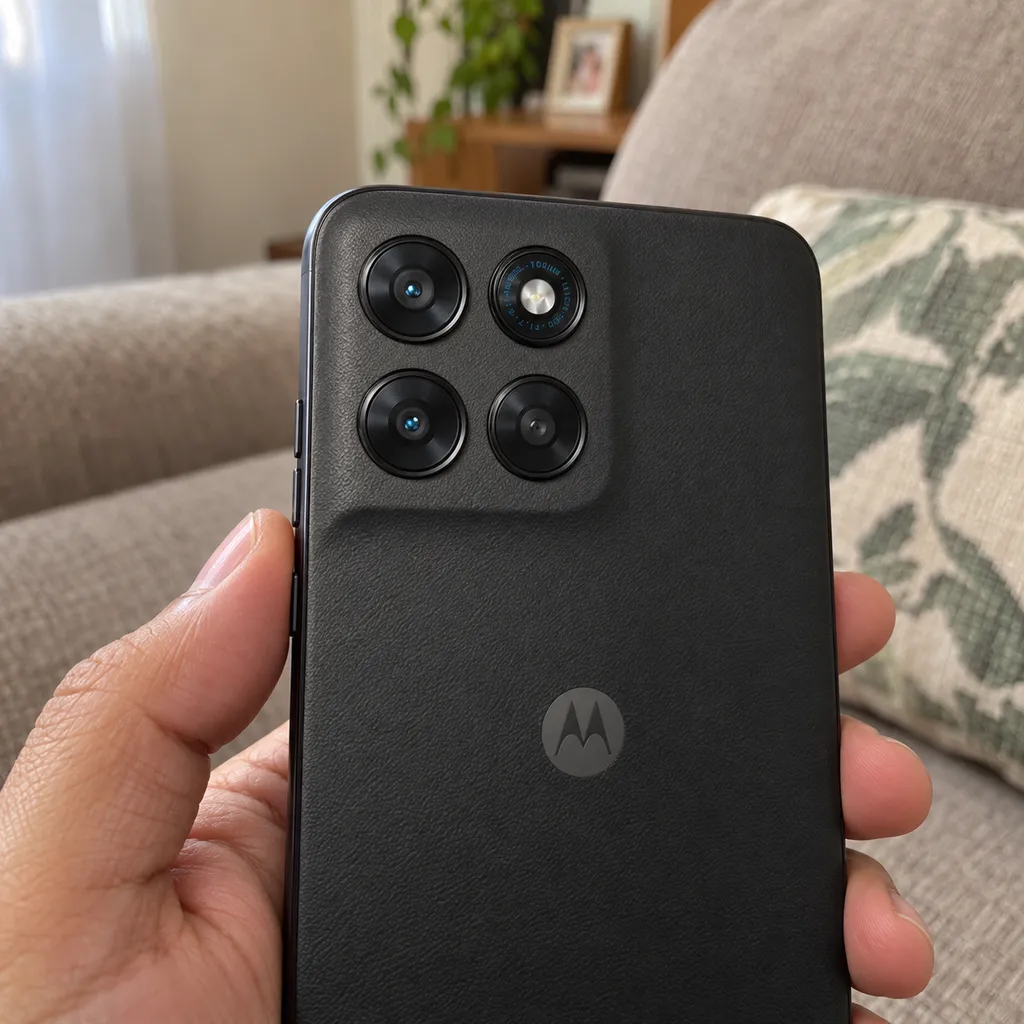 Módulo de câmeras do Moto G77 5G, com o aparelho seguro por uma mão