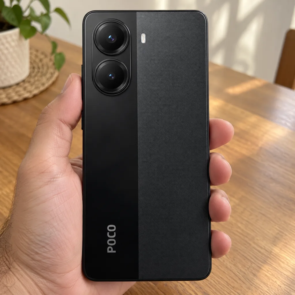 As duas câmeras traseiras do POCO X7 Pro 5G preto, com o aparelho seguro por uma mão