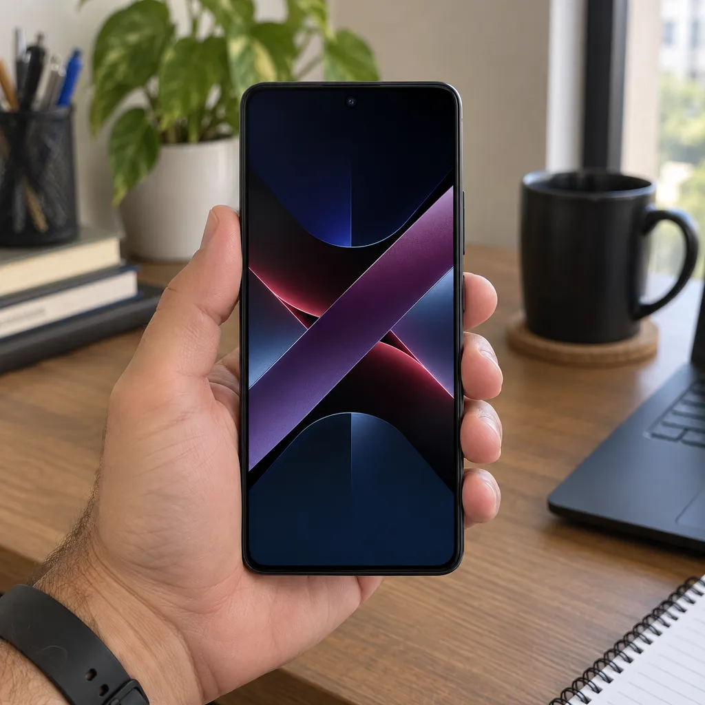 POCO X7 Pro 5G preto seguro por uma mão, com a tela para a frente