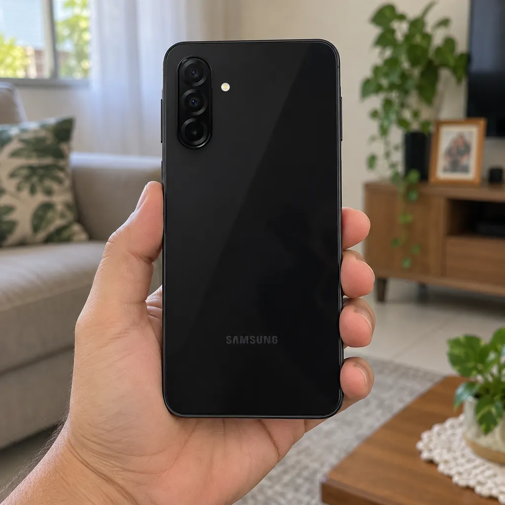 Galaxy A26 5G preto seguro por uma mão, visto por trás