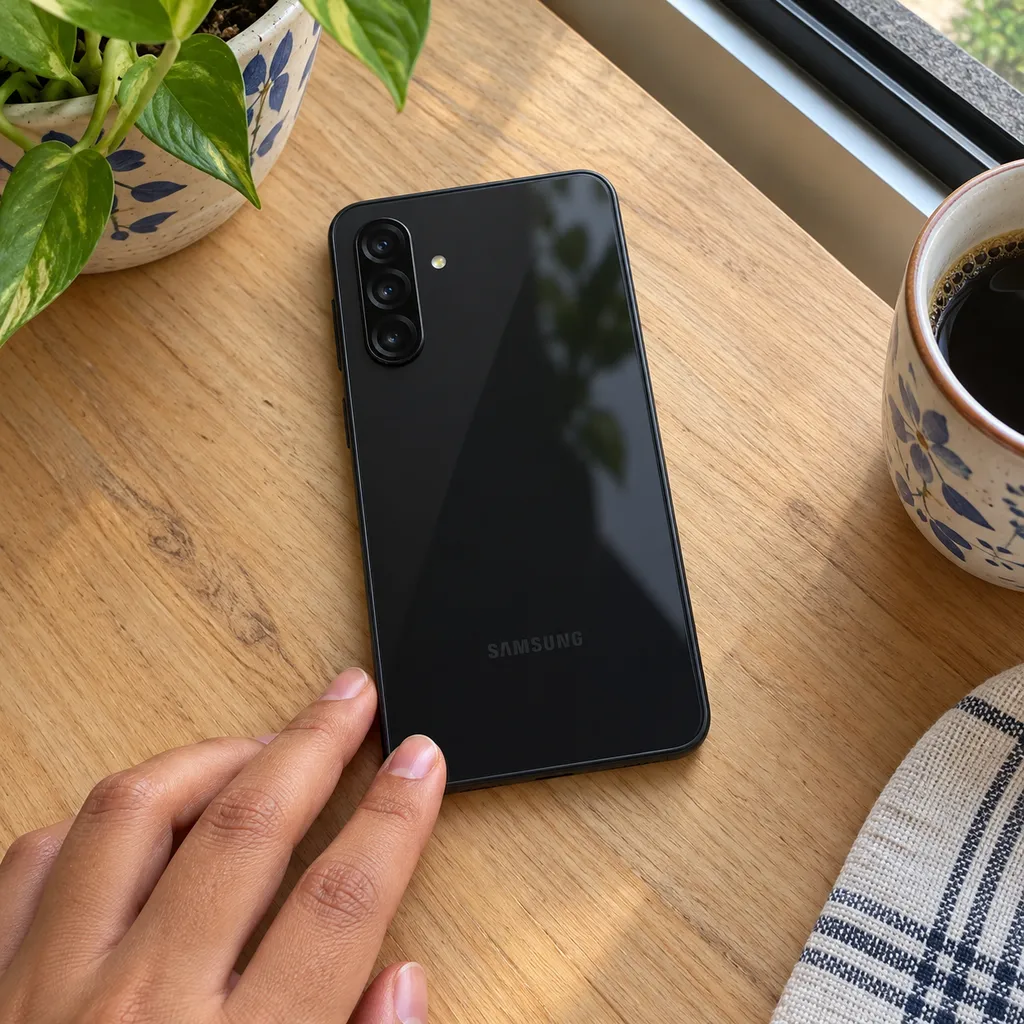 Galaxy A26 5G preto com a traseira para cima sobre uma bancada de madeira