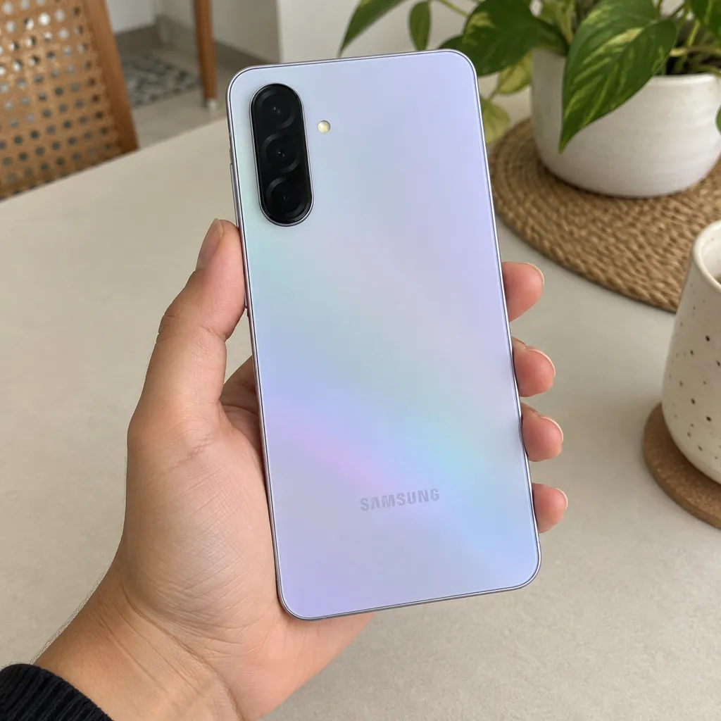 As três câmeras traseiras do Galaxy A36 5G, com o aparelho seguro por uma mão