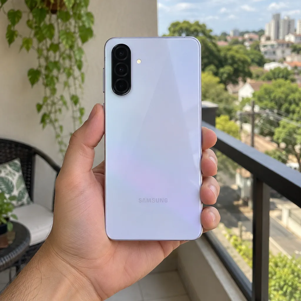Galaxy A36 5G seguro por uma mão numa varanda, visto por trás