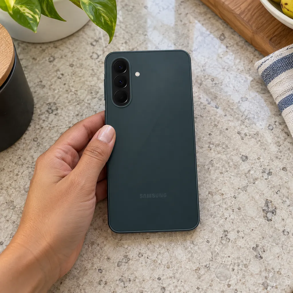 Galaxy A37 5G com a traseira para cima sobre uma bancada de pedra, pego por uma mão