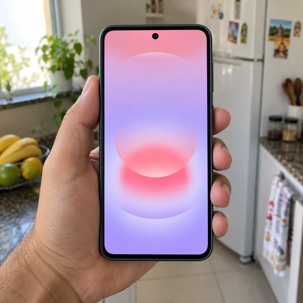 Galaxy A37 5G seguro por uma mão, com a tela para a frente
