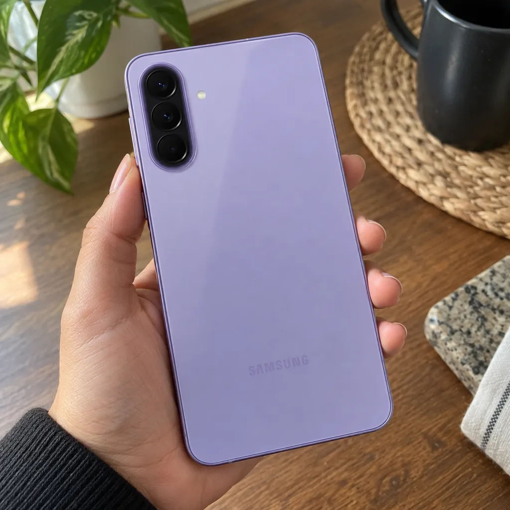As três câmeras traseiras do Galaxy A57 5G lilás, com o aparelho seguro por uma mão