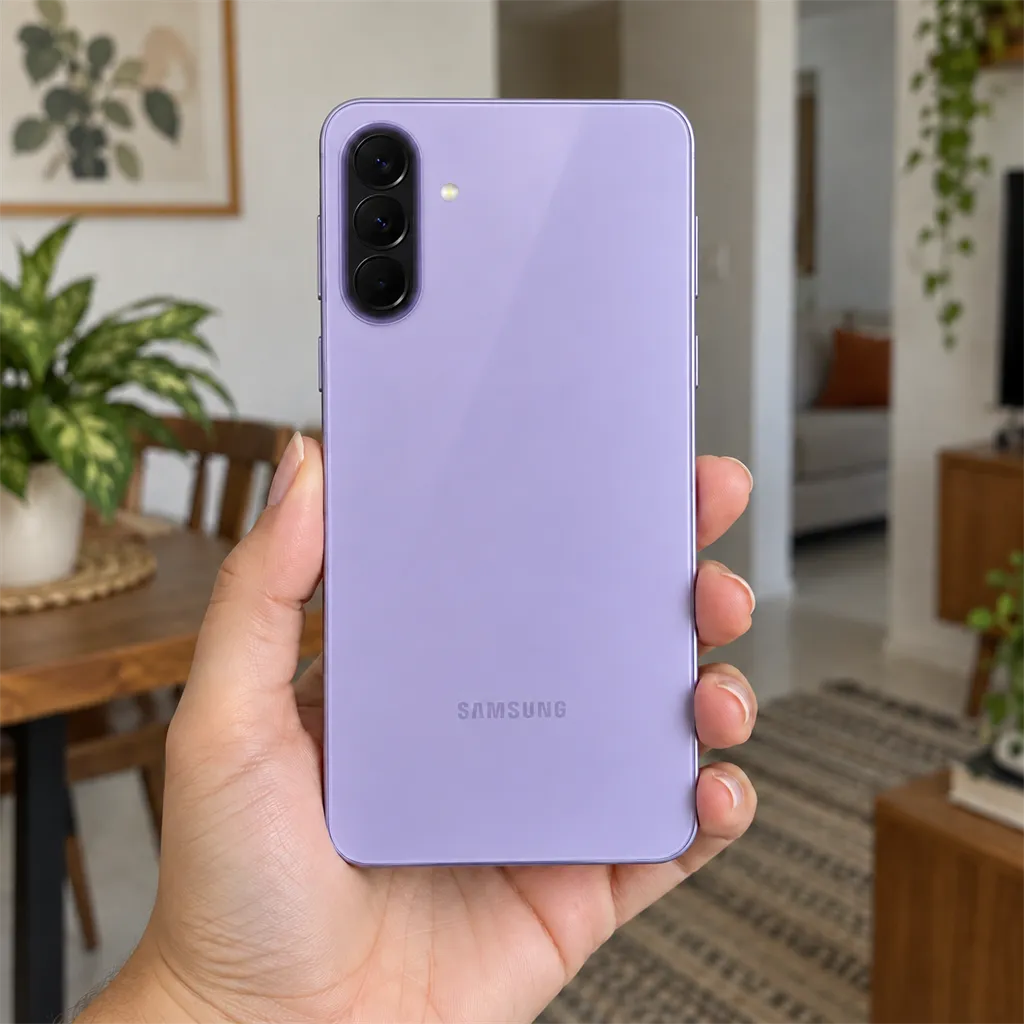 Galaxy A57 5G lilás seguro por uma mão numa sala, visto por trás