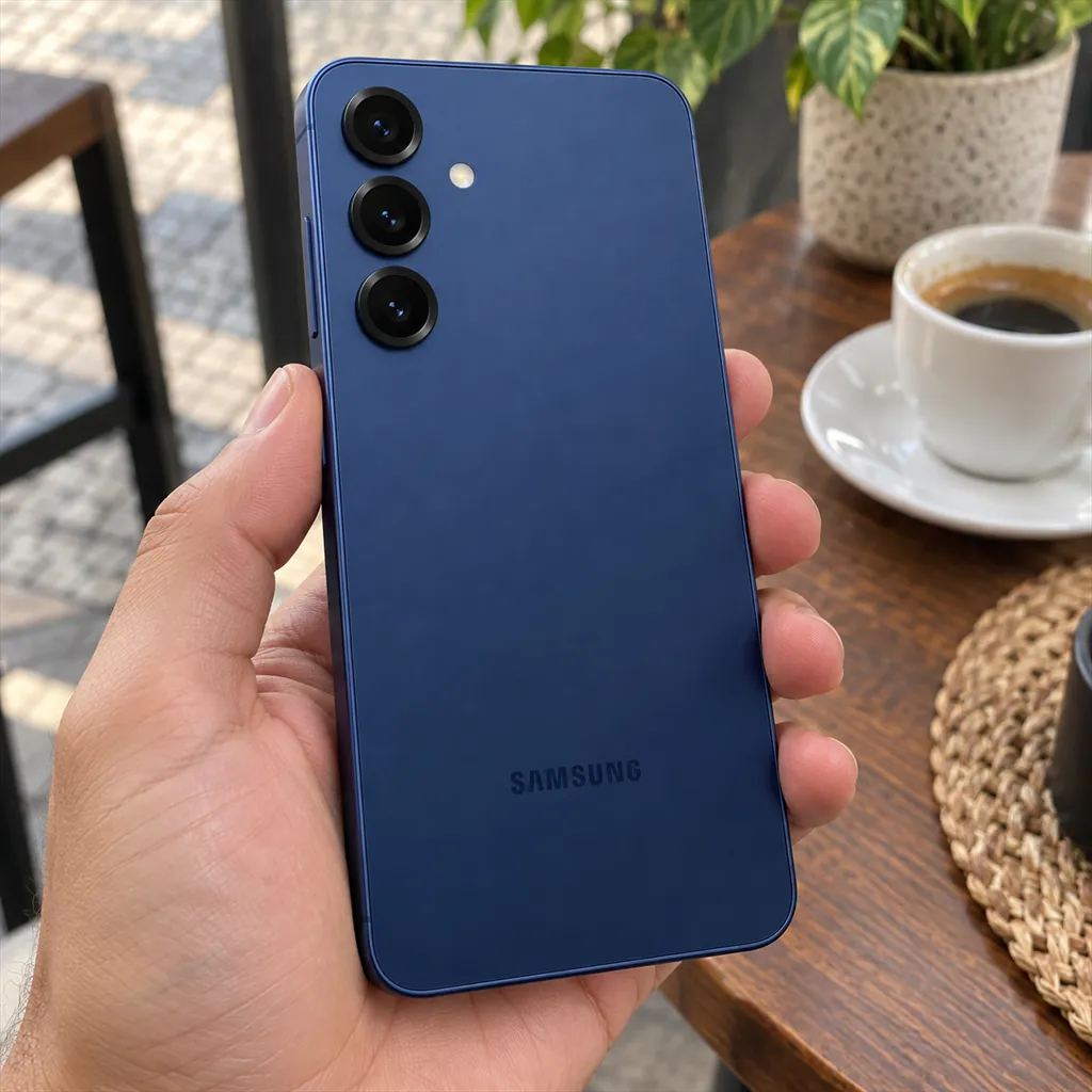 As três câmeras traseiras do Galaxy S25 azul-marinho, com o aparelho seguro por uma mão