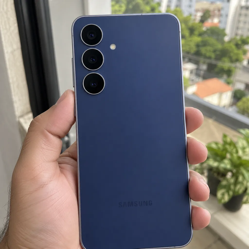 As três câmeras traseiras do Galaxy S25 FE azul-marinho, com o aparelho seguro por uma mão