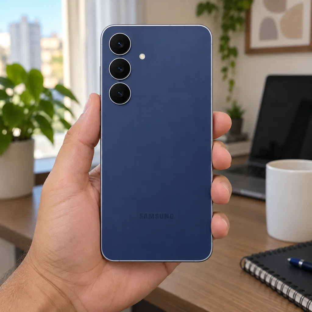 Galaxy S25 FE azul-marinho seguro por uma mão num escritório, visto por trás