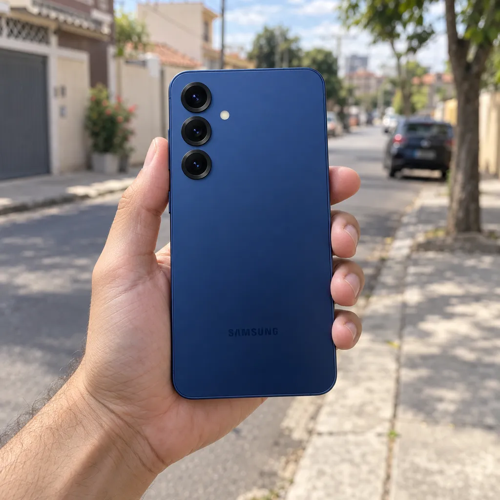 Galaxy S25 azul-marinho seguro por uma mão, visto por trás