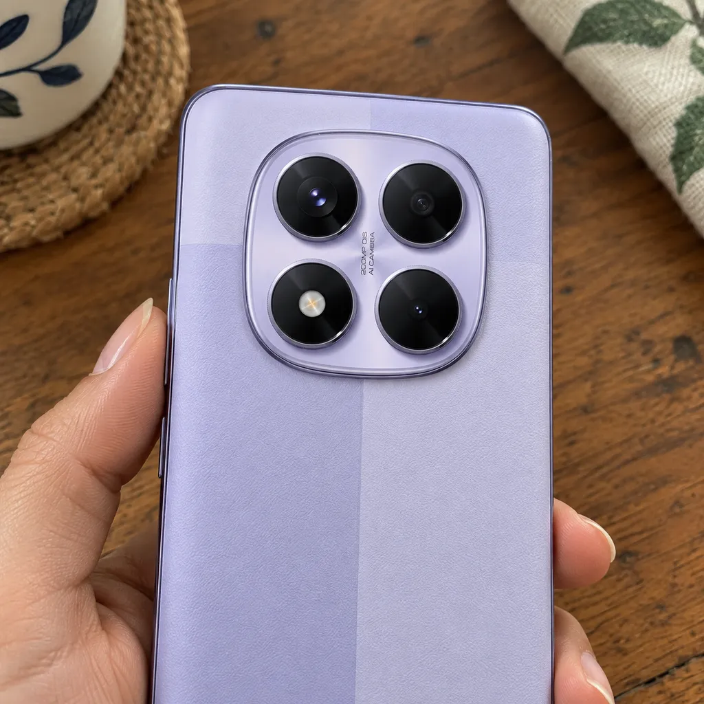 Módulo de câmeras do Redmi Note 14 Pro 5G roxo, com o aparelho seguro por uma mão