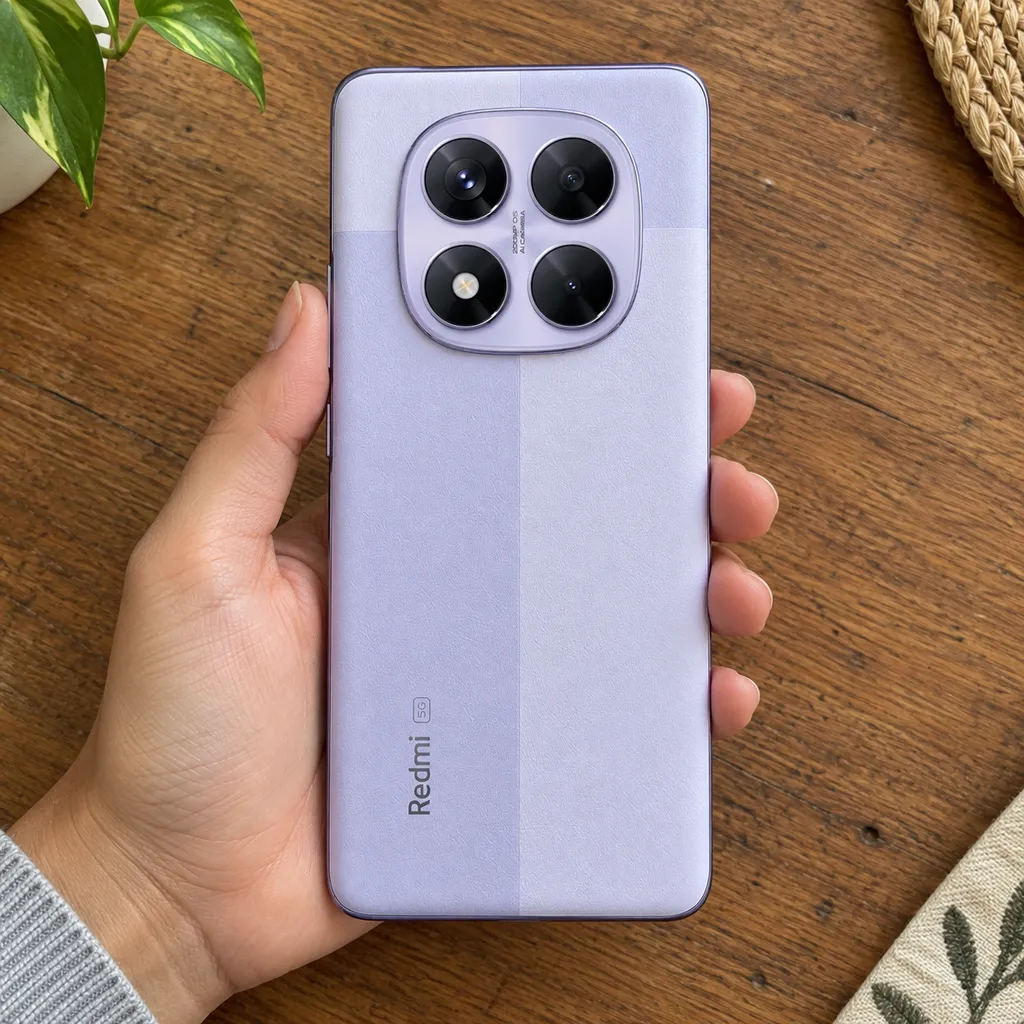 Redmi Note 14 Pro 5G roxo seguro por uma mão acima de uma mesa de madeira, visto por trás